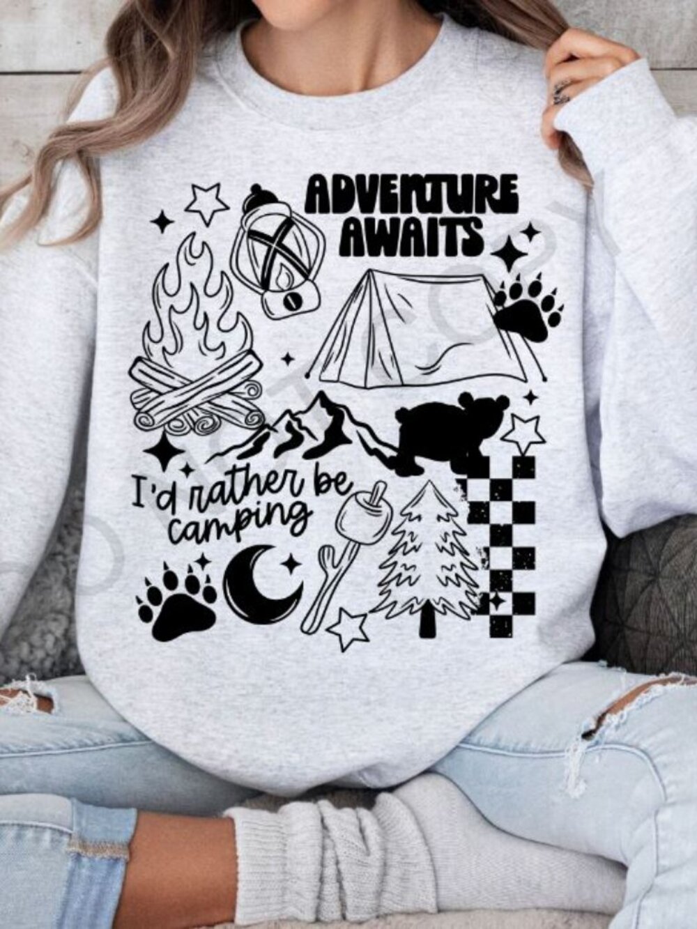 Adventure Awaits Camping Sweatshirt Bear Campfire Graphic Pullover Cozy Outdoor